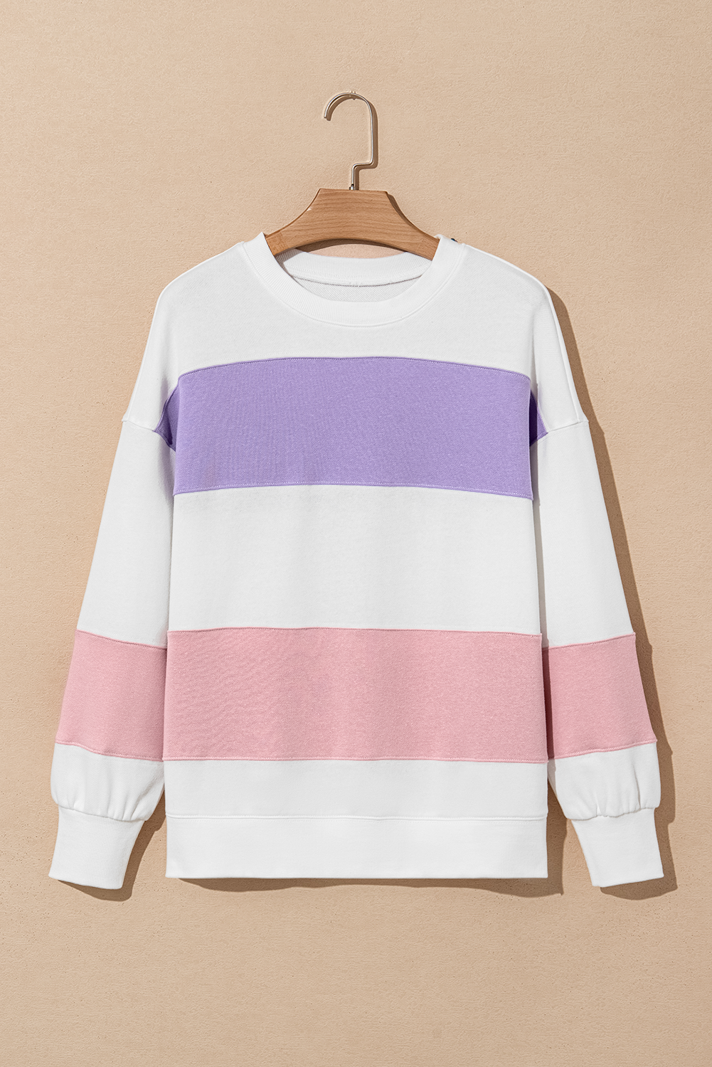 Beige Colorblock Patchwork Drop Shoulder Crewneck Sweatshirt - Love Salve